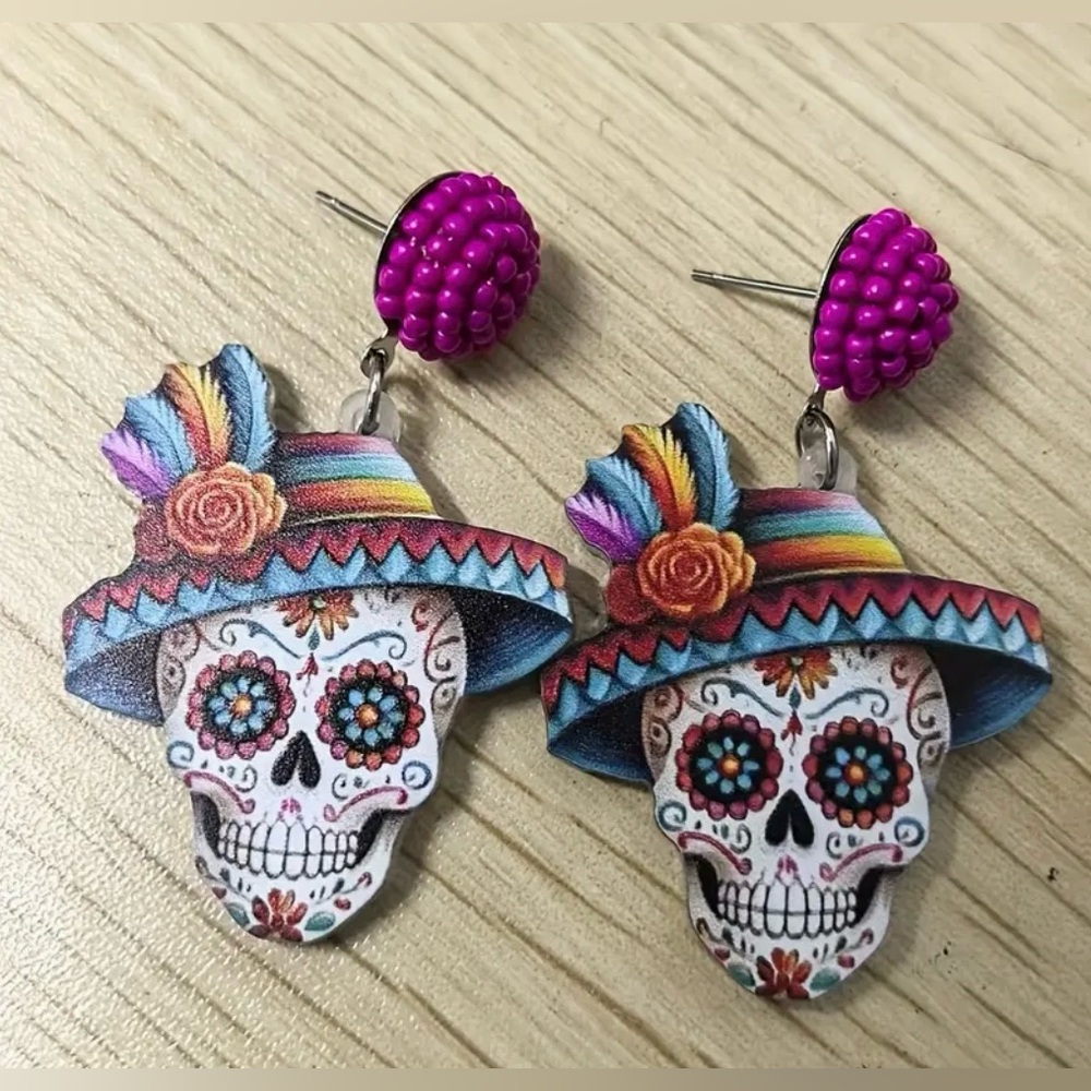 Sugar Skull Colorful Earrings Halloween Day of the Dead New - Picture 4 of 4